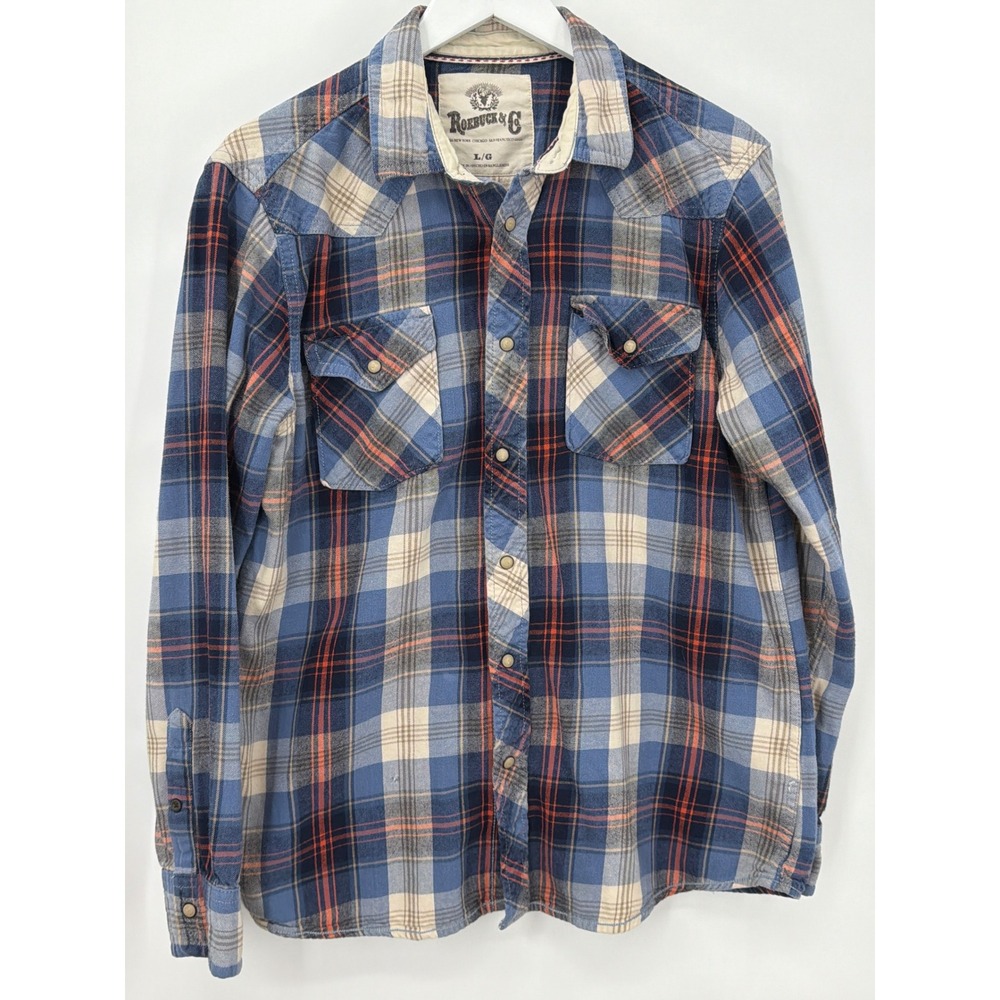 Roebuck & Co Mens Blue Orange Plaid Western Pearl Snap Cotton Shirt Large L